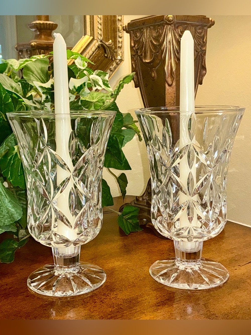 Vintage Block Crystal Footed Hurricane/Vase-“Olympic” Pattern. Set of 2 (7”Tall)